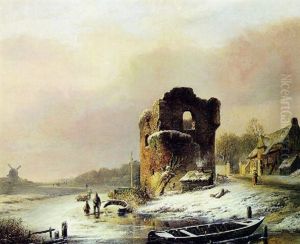 Kanalparti Med Borgruin I Forgrunden, Vinter by Pieter Hendrik Lodewijk Jonxis