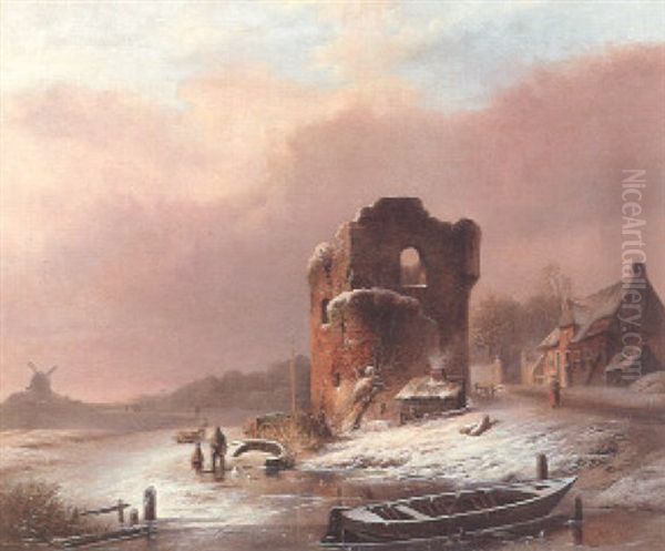 Figures In A Winter Landscape On A Frozen River - view 1