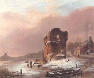 Figures In A Winter Landscape On A Frozen River by Pieter Hendrik Lodewijk Jonxis