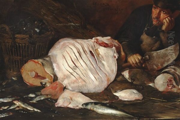 A Fishmonger With Halibut, Salmon, Herring, Cod, Mackerel And A Basket - view 1