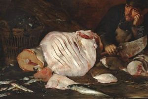 A Fishmonger With Halibut, Salmon, Herring, Cod, Mackerel And A Basket by Eugene Joors