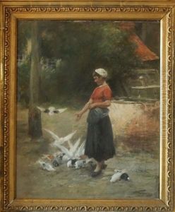 Jeune Fille Nourrissant Des Pigeons by Eugene Joors