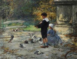 Scene De Parc Animee De Deux Enfants Nourissant Des Pigeons by Eugene Joors