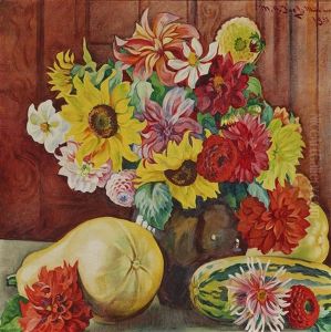 Stillleben Mit Dahlien, Sonnenblumen Und Kurbissen