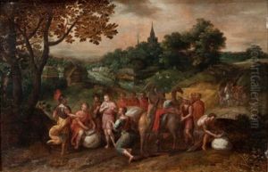 Joseph's Brothers On Their Way To Buy Grain In Egypt In A Wooded Landscape