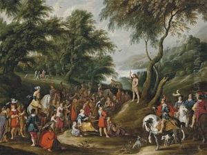 Saint John The Baptist Preaching In The Wilderness, The Flight Into Egypt Beyond (collab. W/alexander Keirinckx) by Hans Jordaens III