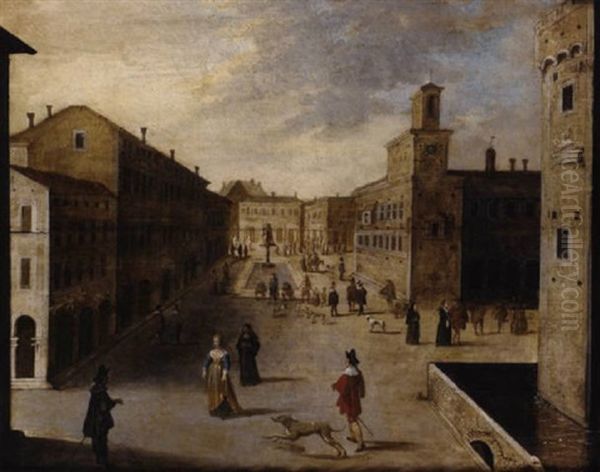A Capriccio Of A Renaissance Town Square With Elegant Figures Promenading By A Fountain - view 1