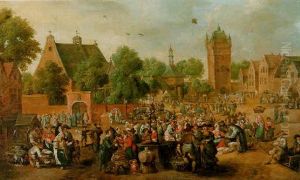 A Market In A Town Square With A Boy Flying A Kite by Hans Jordaens III