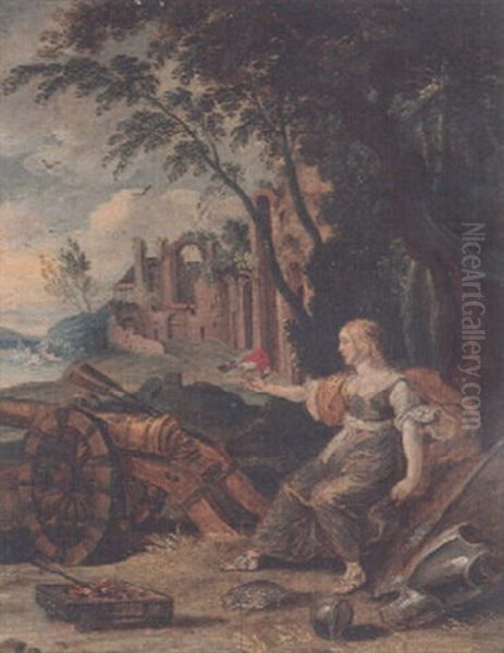 An Allegory Of Touch - A Parrot Pecking A Woman's Finger In A Landscape - view 1