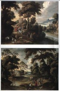 Wooded River Landscapes With Jacob Wrestling With The Angel by Hans Jordaens III