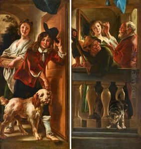 A Set Of Two Trompe L'oeil Wall Decorations: A Youth At A Doorway Doffing His Hat As He Enters With His Dog Followed By A Young Woman Carrying A Basket (i); And A Jester Making Fun At A Balcony, With A Young Woman Preening Herself As An Old Man Reads And by Jacob Jordaens