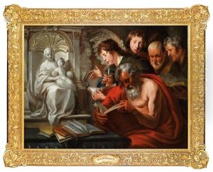 Die Vier Evangelisten An Einem Altar Mit Der Statue Der Madonna Mit Kind by Jacob Jordaens