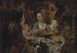 A Family Gathered Around A Table Sharing A Meal by Jacob Jordaens