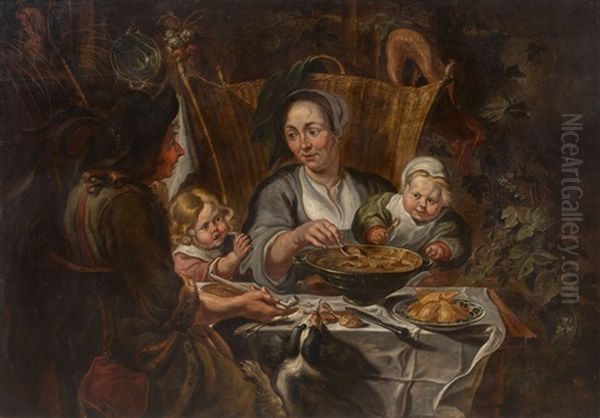 A Peasant Family Dining In An Interior; Two Children With A Dog, Chicken Repellent (2 Works) - view 1