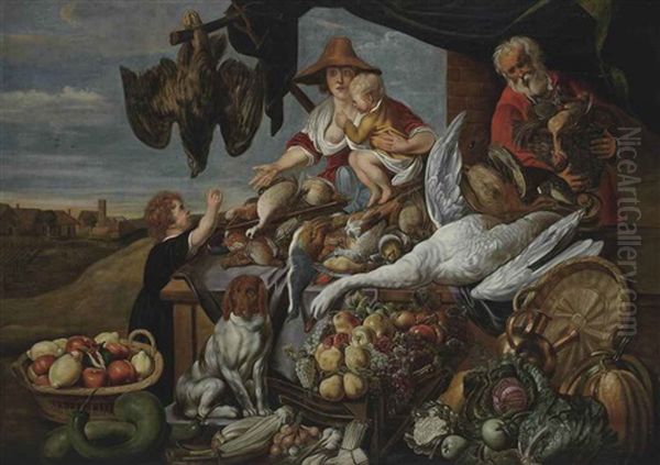 A Market Stall With Birds, Fruit And A Hound Dog - view 1