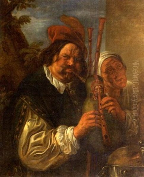 Joueurs De Cornemuse Accompagne D'une Femme Agee - view 1