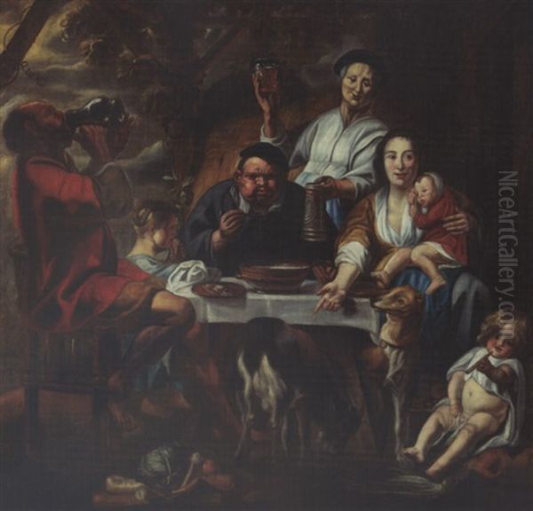 A Peasant Eating Porridge At A Table Together With A Mother And Child And Other Figures Drinking And Eating, Dogs In The Foreground - view 1