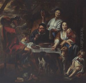 A Peasant Eating Porridge At A Table Together With A Mother And Child And Other Figures Drinking And Eating, Dogs In The Foreground by Jacob Jordaens