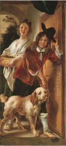 A Youth, Holding A Dog In Check And Doffing His Hat As He Enters A House, Accompanied By A Young Woman by Jacob Jordaens
