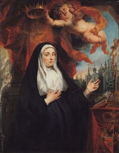Portrait Of The Infanta Isabella Clara Eugenia, As A Nun, In Prayer Before A Crucifix And Crowned By A Cherub, With An Abbey Beyond by Jacob Jordaens