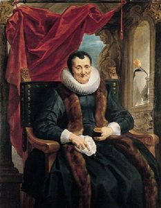Portrait Of Magdalena De Cuyper With White Lace Cuffs And Ruff, And A Fur-trimmed Coat, Before An Opening Partly Concealed By A Draped Red Cloth by Jacob Jordaens