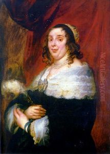 Portrait Of A Lady In A Black Dress With An Embroidered White Collar And A Cap Decorated With Pearls, A Plume In Her Hand