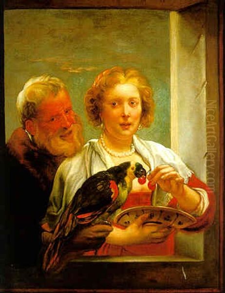 An Ill-matched Couple With A Parrot - view 1