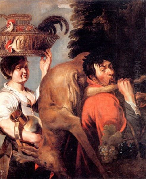 A Peasant Couple With Game Andpoultry, And Grapes In A Bask-et, In A Landscape - view 1