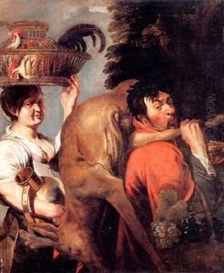 A Peasant Couple With Game Andpoultry, And Grapes In A Bask-et, In A Landscape by Jacob Jordaens