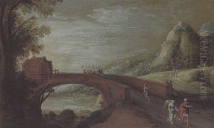 Gebirgige Flusslandschaft Mit Einer Steinernen Bogenbrucke Und Figuren by Simon Jordaens