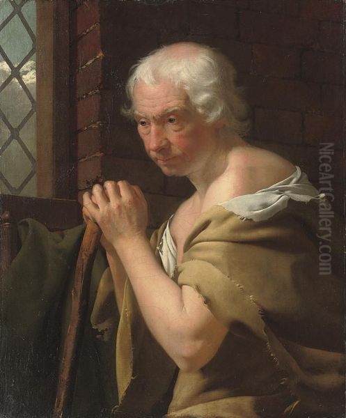An Old Man With A Staff By A Window - view 1