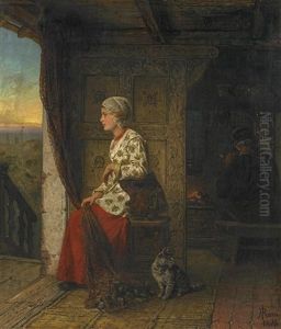 Fischerkate Mit Blick Auf Die Nordsee, Junger Frau Und Altem Fischer Am Kamin Fischerkate Mit Blick Auf Die Nordsee, Junger Frau Und Altem Fischer Am Kamin