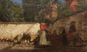 Italian Woman In A Yard Feeding Chickens