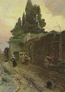 Italienische Bauerinnen Auf Der Landstrase Bei Einer Parkmauer Und Vor Einem Andachtsbild Italienische Bauerinnen Auf Der Landstrase Bei Einer Parkmauer Und Vor Einem Andachtsbild