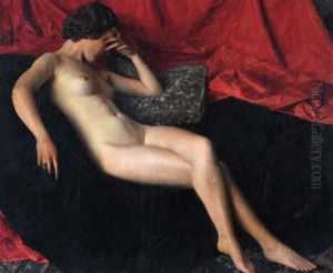 Female Nude Reclining With Red Fabric by Maurice Joron