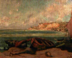 Barques De Peche Sur La Plage, Vers Fecamp by Charles Jouas