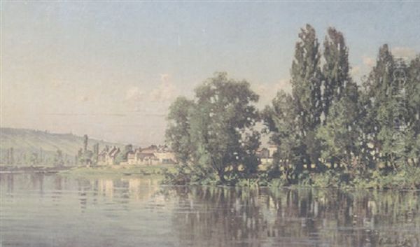 A Quiet Lake Scene With Figures On The Far Shore And Cottages Beyond - view 1