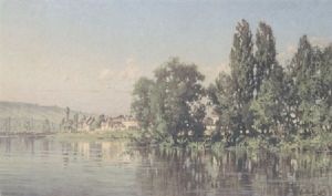A Quiet Lake Scene With Figures On The Far Shore And Cottages Beyond by Leon Joubert