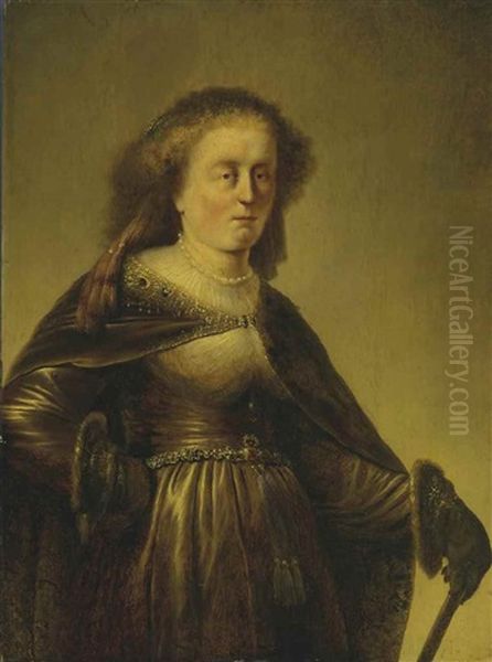Portrait Of A Woman, Three-quarter-length, In A Brown Dress With A Jewelled And Tasselled Belt, A Cloak With A Gold Embroidered Collar, Fur-lined Gloves And A Cane In Her Left Hand - view 1