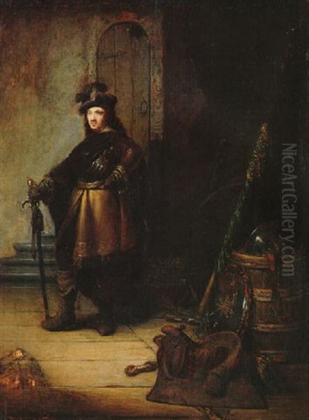 An Officer, Standing Full Length In A Guard Room Near A Staircase, Helmet On A Barrel - view 1