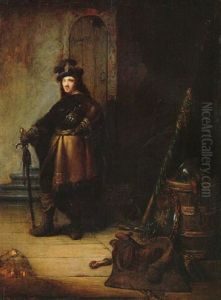 An Officer, Standing Full Length In A Guard Room Near A Staircase, Helmet On A Barrel by Isaac De Joudreville