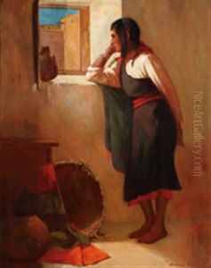 A Navajo Woman With Basket And Olla by Amedee Joullin