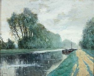 Chemin De Lalage. Ansicht Eines Kanals Mit Ankerndem Schiff, Begleitet Von Einer Baumallee by Henri Jourdain