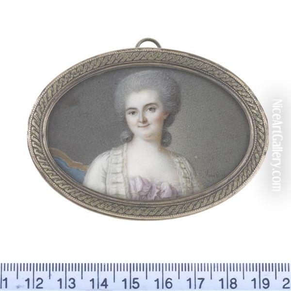A Lady, Seated On A Blue Upholstered Chair And Wearing White Open Robe Over Mauve Decollete Dress, White Lace Slip, Her Wig Powdered - view 1