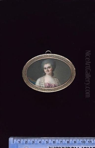 A Lady, Seated On A Blue Upholstered Chair, Wearing White Open Robe With Pleated Trim Over Pink Dress With Large Bow At Her Corsage And Powdered Wig - view 1