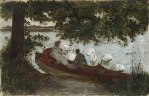 Scena Romantica In Barca Sul Fiume Con Cigni by Roger-Joseph Jourdain