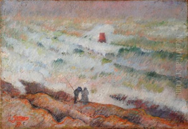 Couple De Pecheurs Devant La Mer Demontee - view 1
