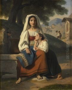 Mere Et Fille A La Fontaine by Paul Jourdy