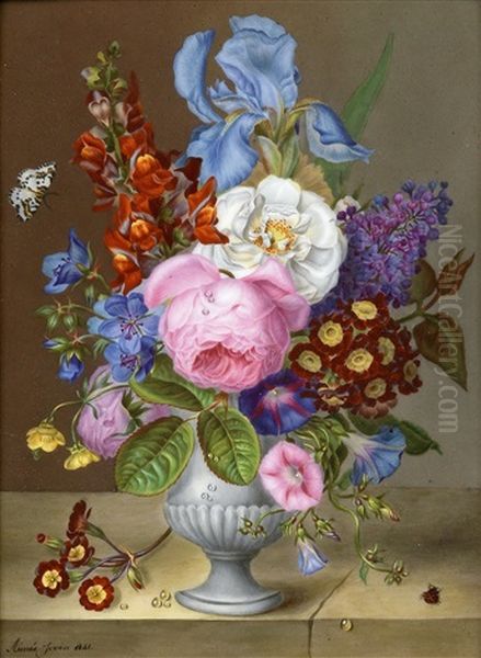 Bunt Gemaltes Blumenbukett In Porzellanvase, Wassertropfen, Gluckskafer Und Blumenzweig Auf Steinplatte - view 1