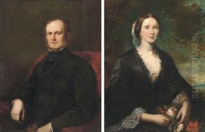 Portrait Of A Gentleman In A Black Coat (+ Portrait Of A Lady In A Black Dress With Lace Trim, Holding Flowers, An Extensive Landscape Beyond; Pair) by Thomas Musgrave Joy